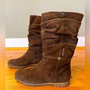 Prada Brown Suede Mid-Calf Slouchy Boots